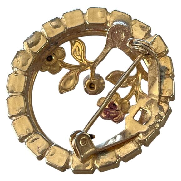 Rhinestone Flower Circle Brooch Gold Tone Uranium UV Glowing Vintage Pin - Picture 4 of 5